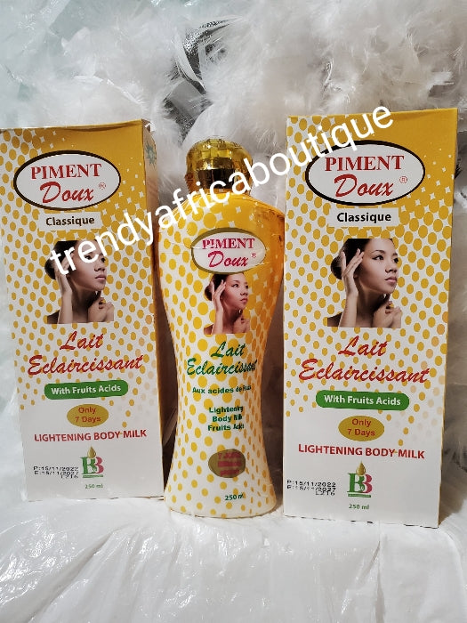 X 2 bottle of  Piment doux classique lait ecclaircissant wirh friut acit lightening body lotion (milk). 250ml each 7 days action