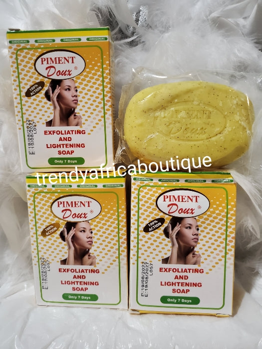 2 soap and 1  bottle of  Piment doux classique lait ecclaircissant with friut acit lightening body lotion (milk). 250ml each 7 days action