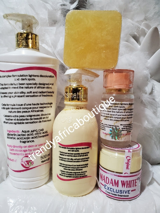 8ps COMBO DEAL of  Madam white Exclusive flawless skin whitening, brightening  Body Lotion 250ml x 2 serum 60ml x 2,face cream, 1 shower gel, 1 Q10 halfcast soapUniversal corrector, multi action set.