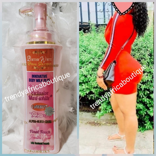 New products alert: EVOB British White Royal Solution, Maxi white Carrot with innovative Body milk plus treatment formula. 500ml lotion. 3 to 4 shades irresistible white& glow. Treat white dots.