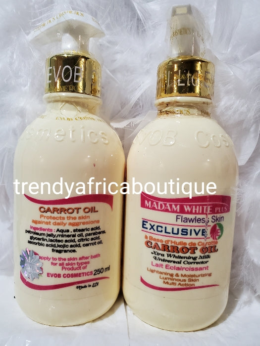 Madam white plus, flawless skin exclusive. Xtra whitening milk with carrots oil extracts for all skin type. Universal corrector, brightening  Body Lotion 250ml x 1 bottle,