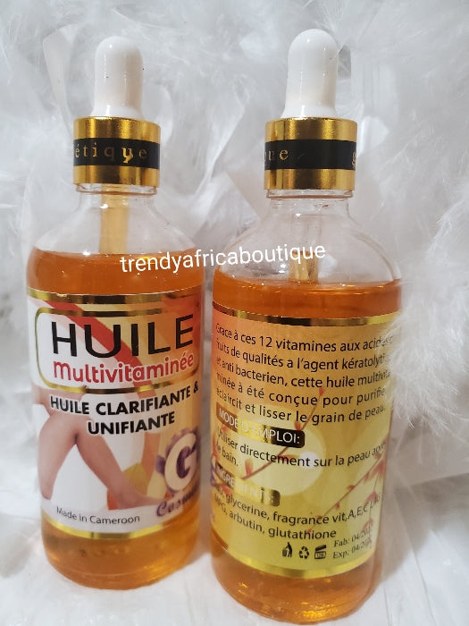 Multi vitamin oil. Clarifying and unifying with vitamins A, C, E,  Albutin and glutathion 100mlx1 for face and body. Use directly or add to body lotion