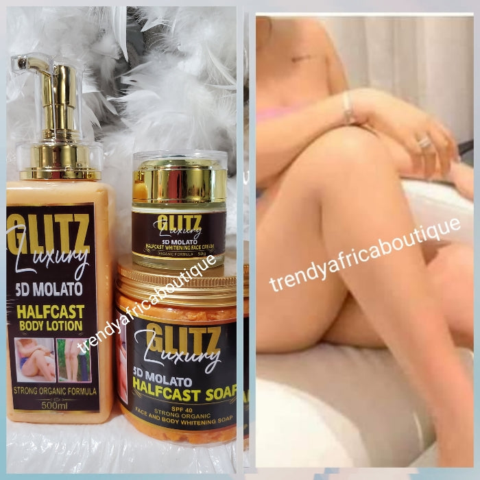 Benachrichtigung über neue Produkte: Glitz Luxery 5D Molato Halbguss-Aufhellungsset: Körperlotion, Molato-Seife und Gesichtscreme. Starke Bio-Formel. kein Serum nötig 