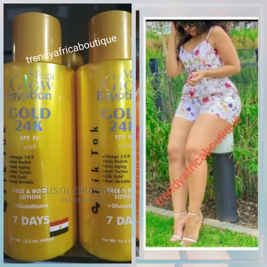 Mega Glow Egyptian Gold 24k Tik Tok face & body lotion 7 DAYS action. Spf30. With filipino bleaching powder, omega 3, licorice powder etc. 400mlx1