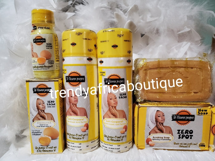 4pc set of zero tache 36 heures propre, ecclaircissant  2 body Lotion, intense serum 60ml + exfoliating soap Formulated with egg yolk and vitamins