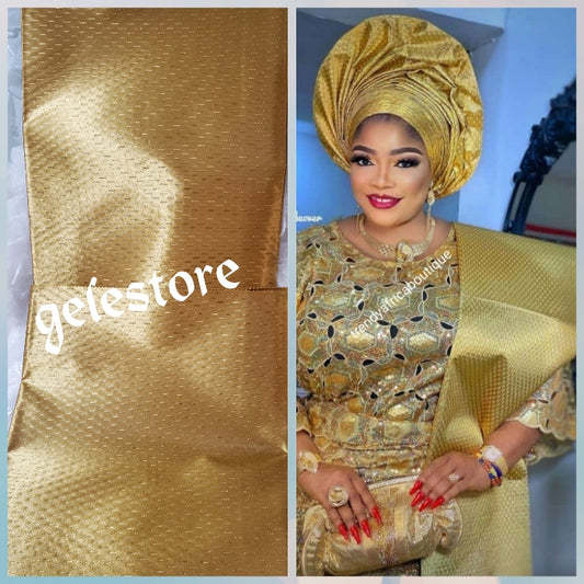 Gold Latest Ajoke Sago Gele 2 in 1 pack. Lazer cut edges, stylish & elegancy sold per pack for head and shoulder piece.