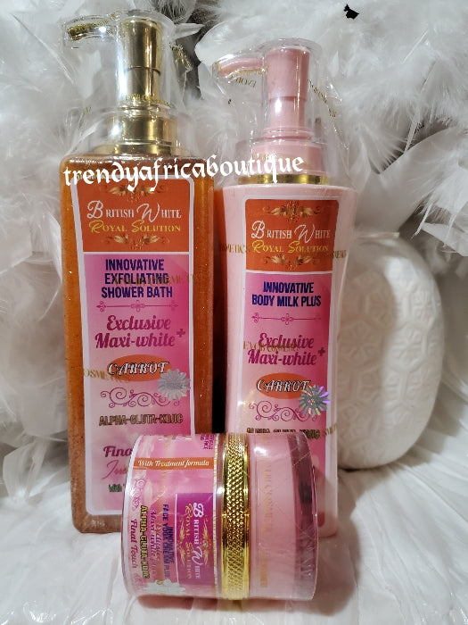 3pcs. Set:EVOB British White Royal Solution, Maxi white Carrot with innovative Body milk plus formula. 500ml lotion, + deep exfoliating shower gel carrot + face cream 5 to 6 shades irresistible white& glow. Treat white dots and stretch marks.