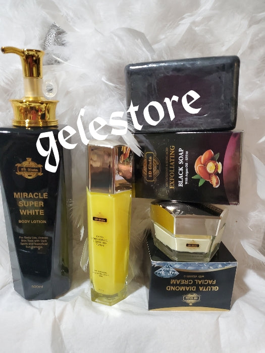 4pcs. 5D glutathion Miracle super white body lotion, serum, face cream & black soap. STRONG Anti hyperpigmentation and sun burn 500mlx1, serum 100ml.  Remove knuckles and dark feet FAST