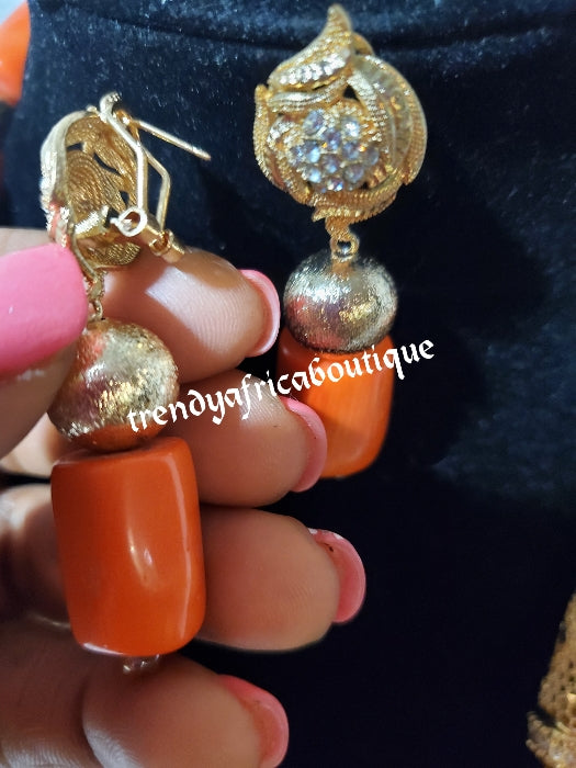 3pcs set Edo coral-necklace with pendant Traditional Bridal wedding Coral beads+earrings and one Bracelets. Exclusive Nigerian Native bead design with gold accessories sold per set. Bridal-accessories