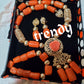 3pcs set Edo coral-necklace with pendant Traditional Bridal wedding Coral beads+earrings and one Bracelets. Exclusive Nigerian Native bead design with gold accessories sold per set. Bridal-accessories
