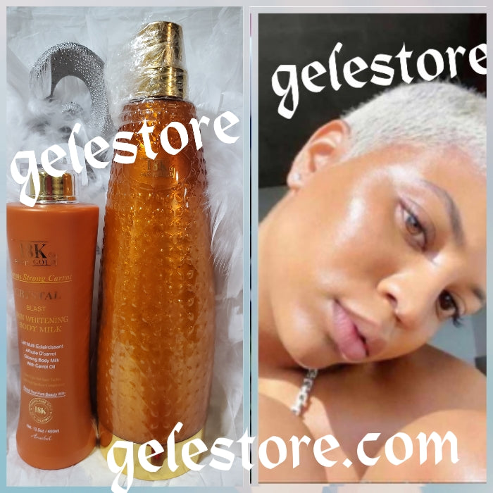 18k paris gold crystal blast super bleaching body wash and skin whitening body milk with pure carrot oil combo. Glowing body lotion 400ml + 1000ml body wash