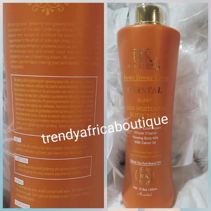 18k paris Gold strong carrot crystal blast whitening & glowing body milkwith essential oil& carrot oil. Fade pregnancy discoloration & stretch marks, acne and scars. 400ml lotion x1