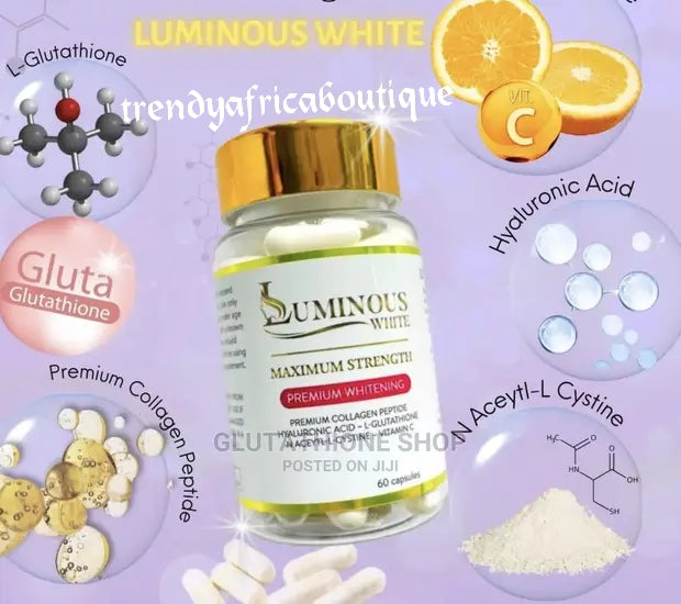Luminous White Maximum Strength Premium-Bleaching. L-Glutathion, Kollagen, Vit. C usw. Ergänzungsmittel werden pro Flasche mit 60 Kapseln verkauft