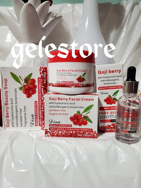 3pcs combo: DISA Goji Berry anti-aging, anti wrinkle facial cream, soap and face serum. Formulated with hyaluronic acid, retinol etc. For all skin types