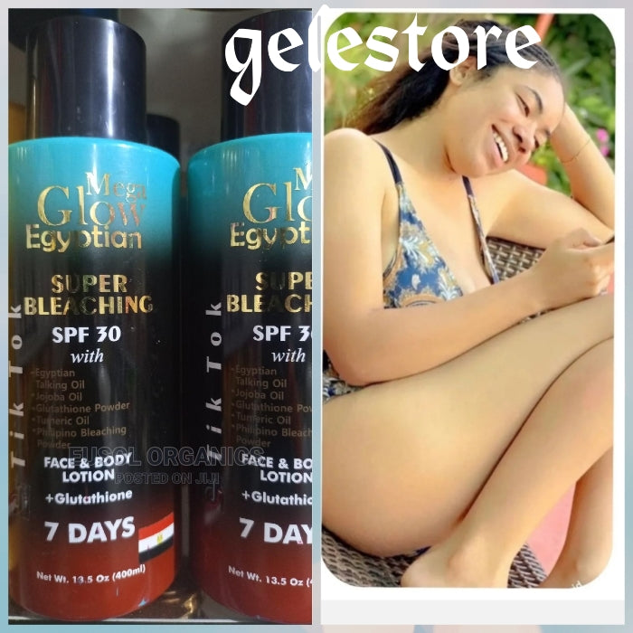 Mega Glow Egyptian Super Bleaching face & body lotion with spf30. With philipino bleaching powder, egyptian talking oil and more. 7 days action.400mlx1