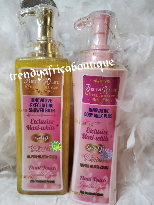 2pcs. Set:EVOB British White Royal Solution with innovative milk PLUS treatment Gold body lotion 500ml lotion, + deep exfoliating shower gel GOLD irresistible GLOW. ANTI  white dots and stretch marks.