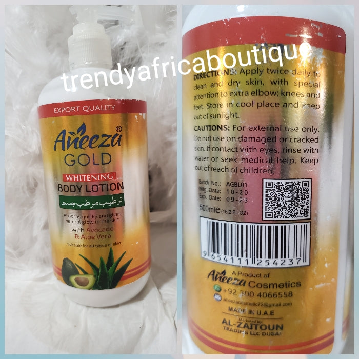 Original Aneeza Gold whitening body lotion, Cup face cream & soap. Formulated with natural ingredient, avocado & aloe and almond oil, Removes pimples, black spots, sun burn. Price is for set