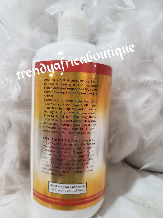 Original Aneeza Gold whitening body lotion. Formulated with natural ingredient, avocado & aloe and almond oil, soften, moisturize 500ml bottle x 1 price is for one bottle