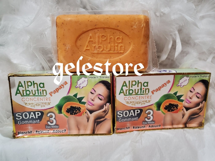 X 1 soap. Alpha arbutin papaya soap. New Look 3 days white exfoliating wirh apricot seeds.