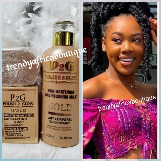 P2G (polish to Glow) paris GOLD skin lightening and polishing body lotion with Glutathion Anti stretch marks and scars. Body lotion 500ml + exfoliating soap.