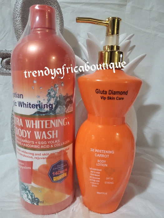 2 in 1 combo of Gluta Diamond VIP skin care  3X whitening carrot body lotion. Natural skin with spf50 500mlx 1 and pure egyptian magic body wash 1000mlx 1