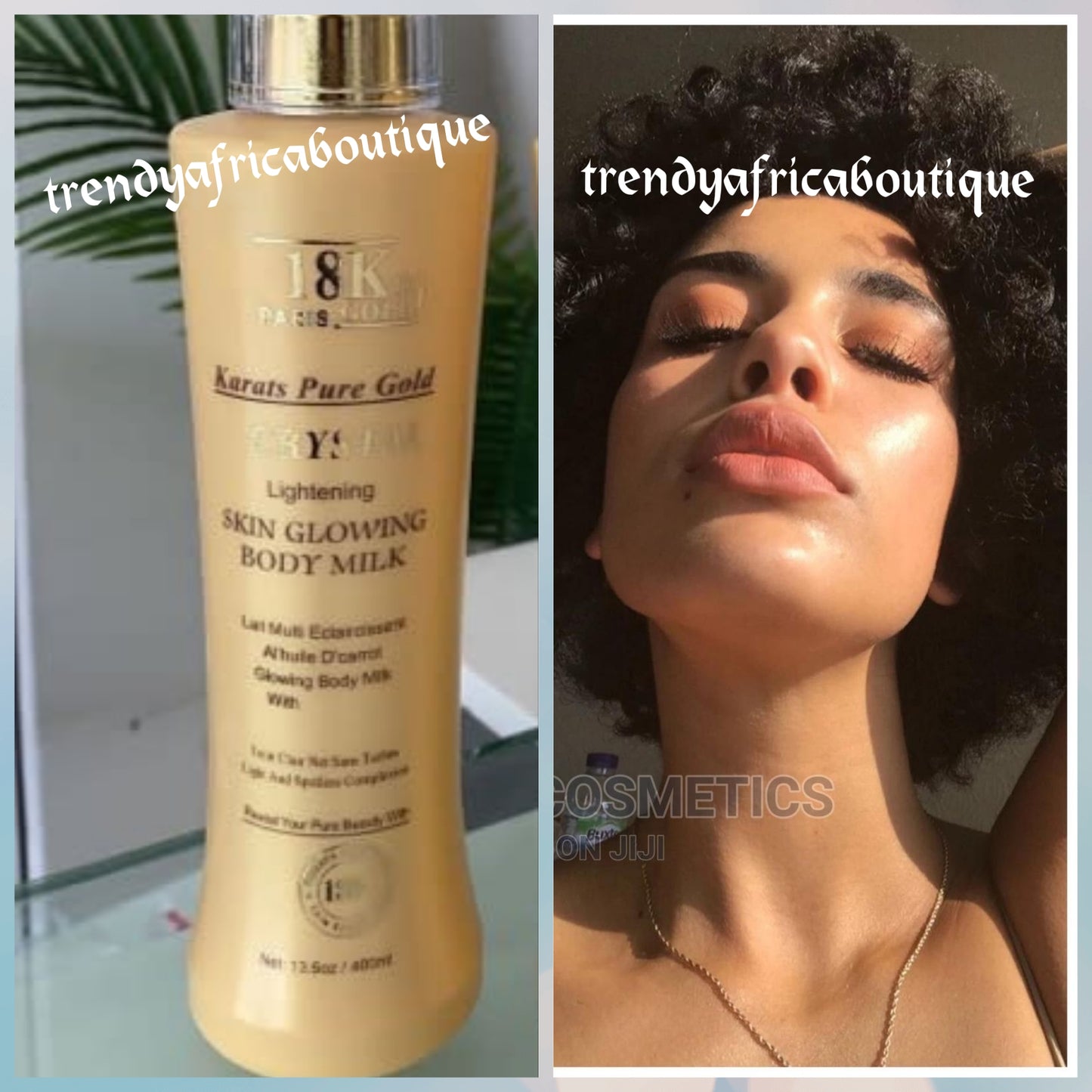 18k paris gold crystal lightening & skin glowing body milk. Clears pregnancy discoloration fast super. Formulated with vitamins for a caramel skin 400mlx1