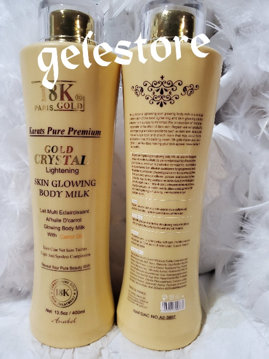 18k paris gold crystal lightening & skin glowing body milk. Clears pregnancy discoloration fast super. Formulated with vitamins for a caramel skin 400mlx1