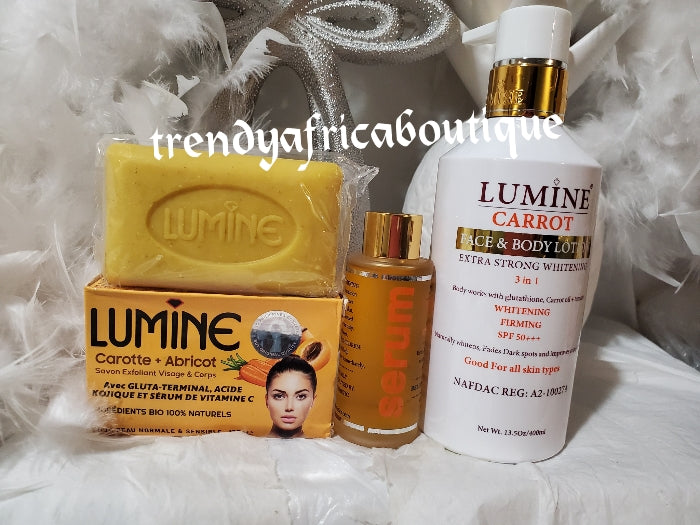 3pcs set. Lumine Carrot face and body lotion, serum+ soap set. Extra strong whitening 3 in 1 with glutathione, carrot extracts + tomato. Whitening and firming with spf 50. +