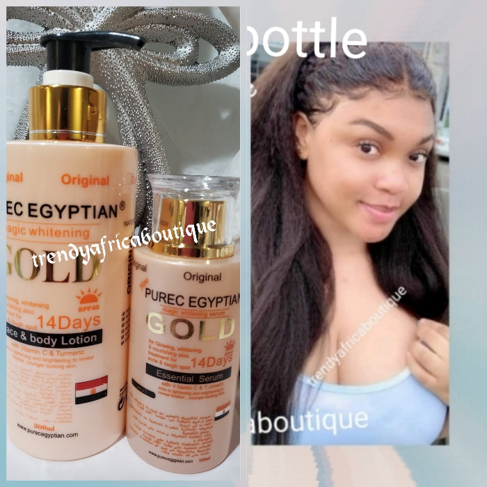 2pcs  Purec Egyptian magic GOLD, vit. C & TURMERIC, egg yolk for face & body lotion 300ml Plus Pure egyptian serum 100ml. Fast whitening formulated to evenly lighten, and brighten your skin, giving you that natural flawless glowing skin