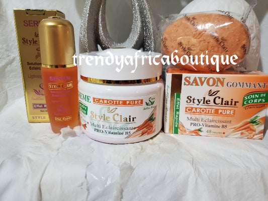 3pcs set Style Clair pure carotte skin lightening body cream 400ml, serum and soap. 48heurs hydration. Fruit acid, vit. C, Concentrated carrot oil. FAST ACTION