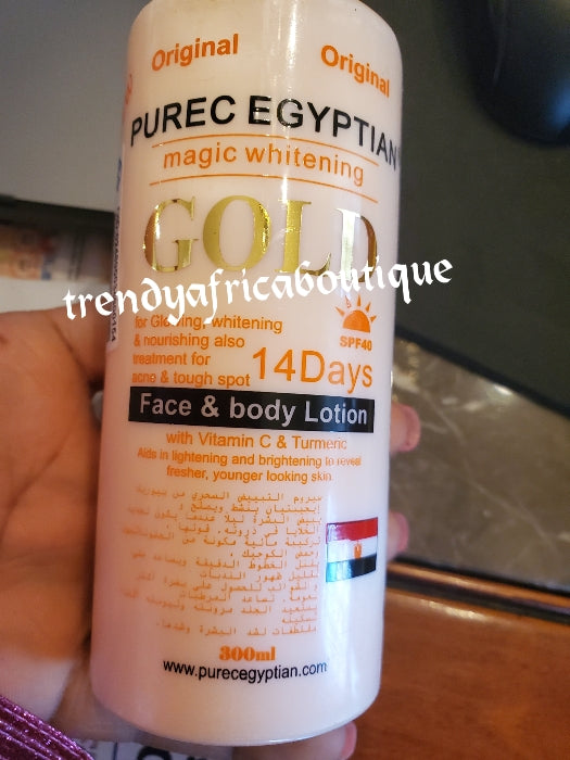 BEWARE OF FAKE!!! AUTHENTIC Purec Egyptian whitening magic GOLD NOW with Vitamin C, Tumeric, egg yolk, glutathione body lotion 300mlx 1 bottle sale. Includes treatment for acne and spots, skin whitening and glowing