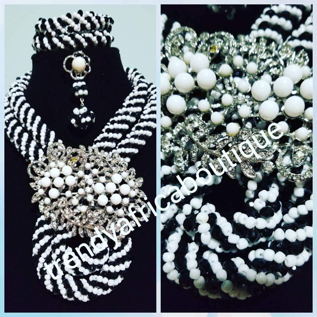 Clearance: Black/white beaded necklace set. Beautiful center piece brooch. Coral-necklace set
