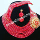 Sale: Red Crystal  beaded necklace set in choker. 10 rows beaded necklace with side broach. Coral-necklace