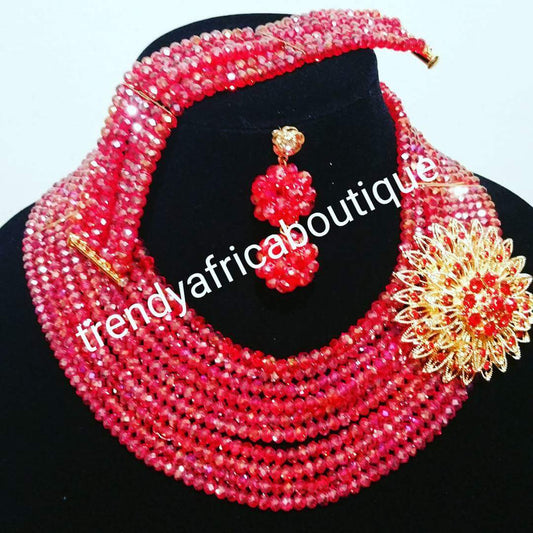 Aktion: Rote Kristallperlen-Halskette im Halsband. 10-reihige Perlenkette mit seitlicher Brosche. Korallen-Halskette