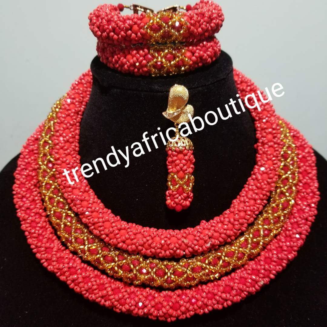 Nigerian traditional wedding Coral beaded-necklace set. 3 rows of red/golf coral-necklace sold as a set of bracelet/earrings and necklace