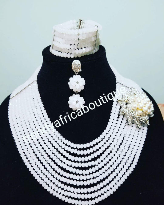 Sale: pure white Bridal crystal multi rows necklace. Beaded Necklace set with a side broach. Also have Coral-necklace sold as a set