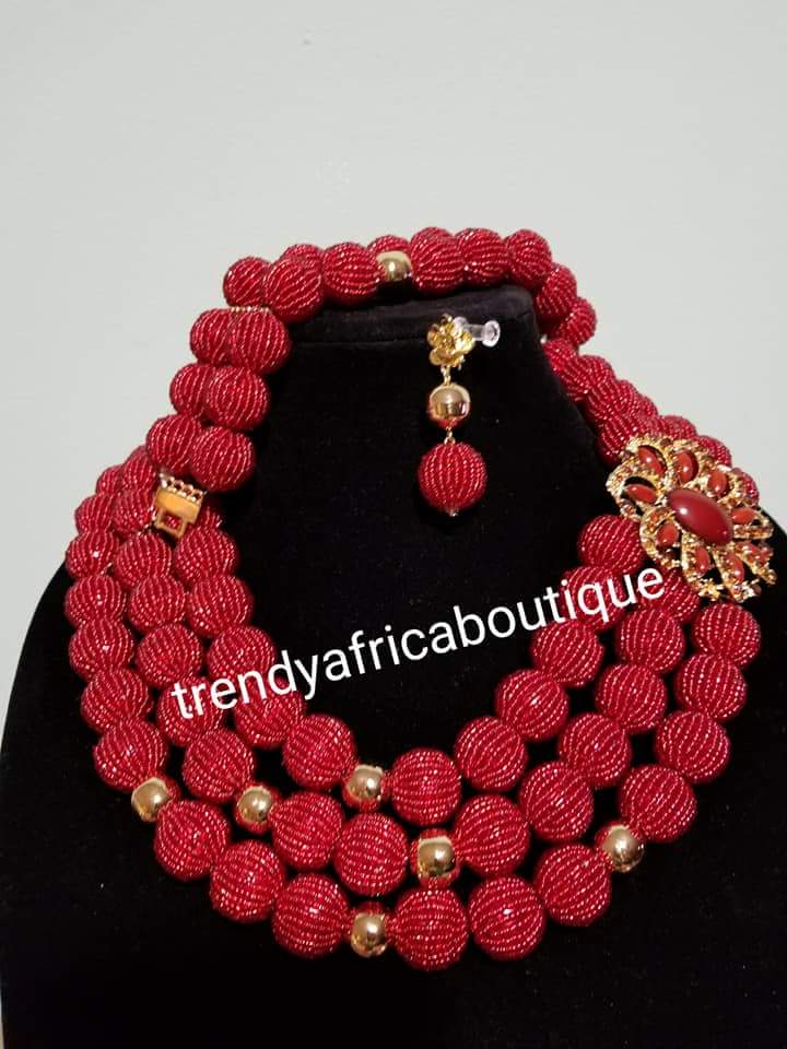 SALE: 3pcs. Hand Beaded-Necklace set. Nigerian/African Traditional  coral-necklace beads. Beautiful Red