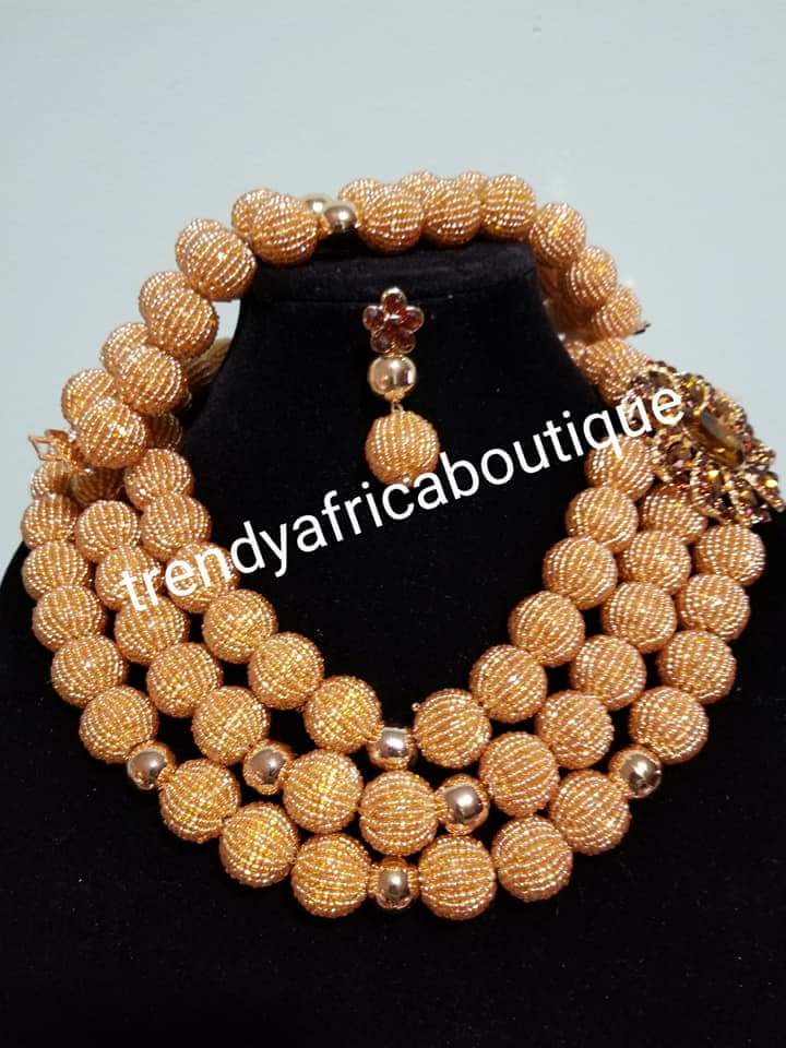 New 3pcs. GOLD Hand Beaded-Necklace set. Nigerian/African Traditional wedding coral-Necklace set.