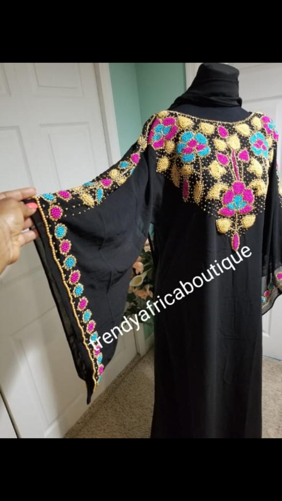Sale sale:  Black dubai kaftan  free flowing  boubou. Multi color Beaded and stonesd to perfection. Quality bead work. Availablein size, S,M,L,XL and XXL.. Chiffon kaftan With head tie. 60' long